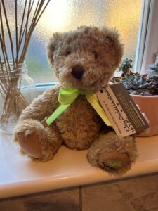 Soft, tan teddy bear with a green ribbon sits on a windowsill, alongside a jar and succulents, highlighting warmth and comfort.