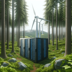 A server rack with blue lights stands amidst tall, green trees and wind turbines in a lush forest setting.