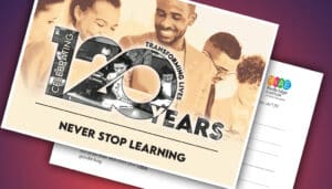 Postcard design featuring "Celebrating 120 Years" in bold typography, with images of diverse individuals engaged in learning and the phrase "Never Stop Learning" below.