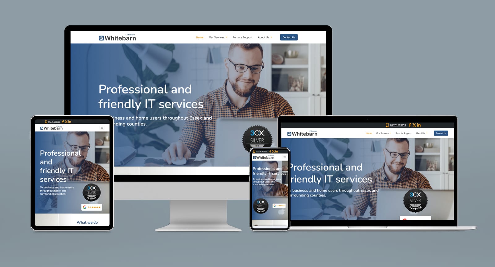 Four devices—desktop, laptop, tablet, and smartphone—display the "Whitebarn" website, showcasing IT services with a professional look.