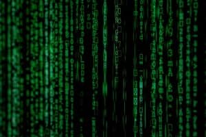 Green matrix-like code streams against a black background, featuring a variety of symbols, letters, and numbers in a vertical layout.