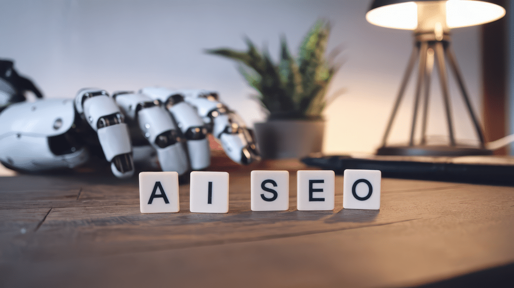 White letter tiles spelling "AI SEO" in front of a robotic hand, with a desk lamp and a small plant in the background on a wooden surface.