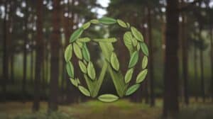 A green, leafy wreath encircles the WordPress logo, set against a blurred forest backdrop.