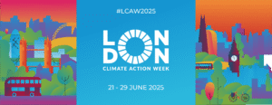 Colorful illustration featuring London landmarks, including Tower Bridge and Big Ben, with the text "LONDON CLIMATE ACTION WEEK" and dates.