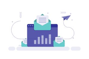 Stylized email icons in varying sizes with an analytics chart on a purple background, depicting digital marketing concepts.