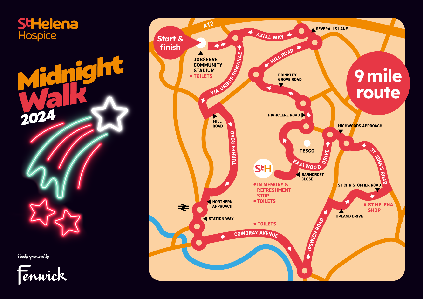 Map for the St Helena Hospice Midnight Walk 2024, highlighting the 9-mile route with key locations and stops marked in bright colors.