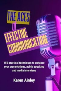 Bright purple background with a glossy microphone graphic; bold text reads "The Aces of Effective Communication" by Karen Ainley.